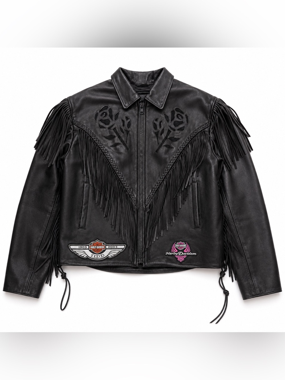 Harley-Davidson Black Leather Fringe Jacket with Rose Cutouts